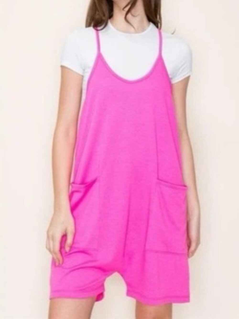 Zenana Hot Pink Harem Style Loose Shortalls Romper L GUC Cotton - Picture 1 of 10